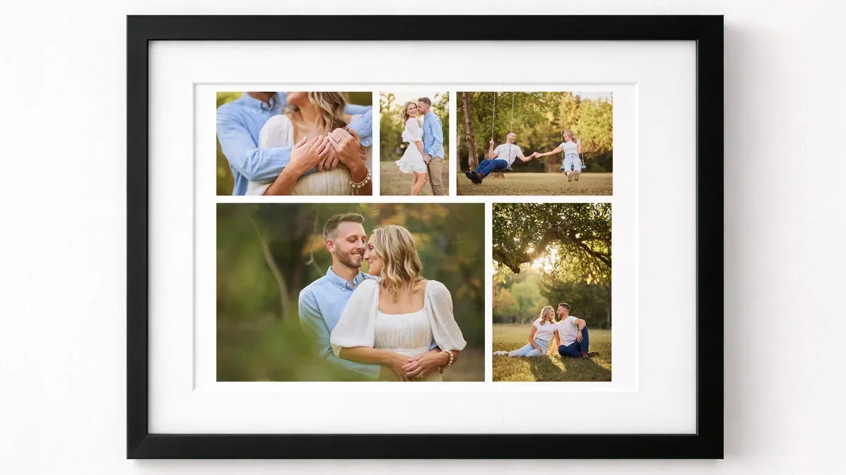Large framed engagement photo collage displayed on a white wall.