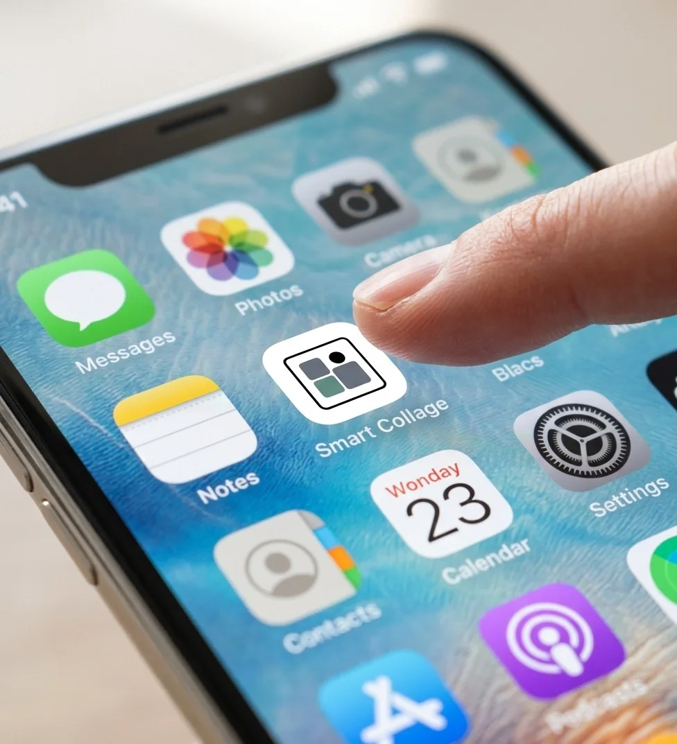 Finger about to tap the Smart Collage icon on an iPhone Home Screen