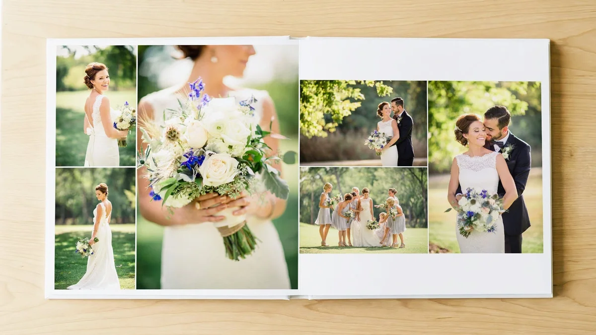 Open wedding album on a wood table, with a spread of bride, groom, bridesmaid, and bouquet photos