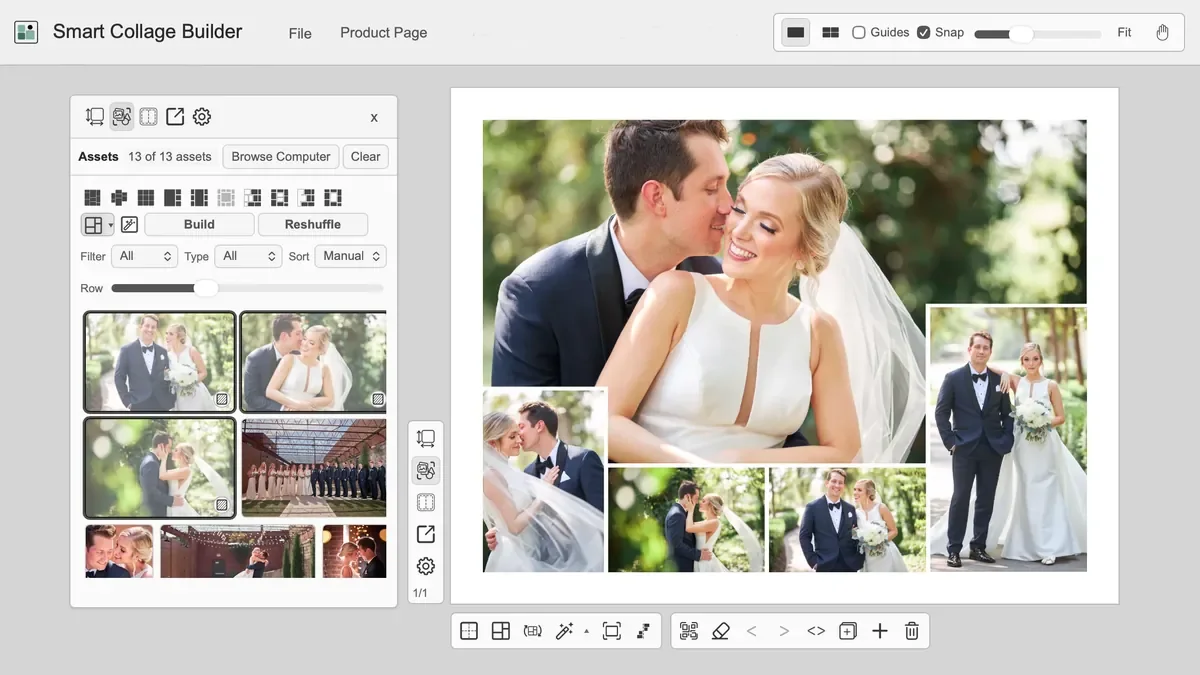 Smart Collage Builder workspace showing a completed wedding collage with assets, layout controls, and canvas tools.