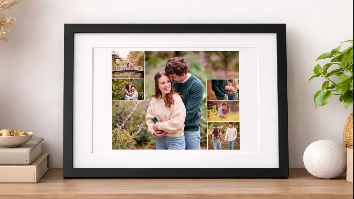 Framed engagement photo collage on a shelf next to a plant in a bright room