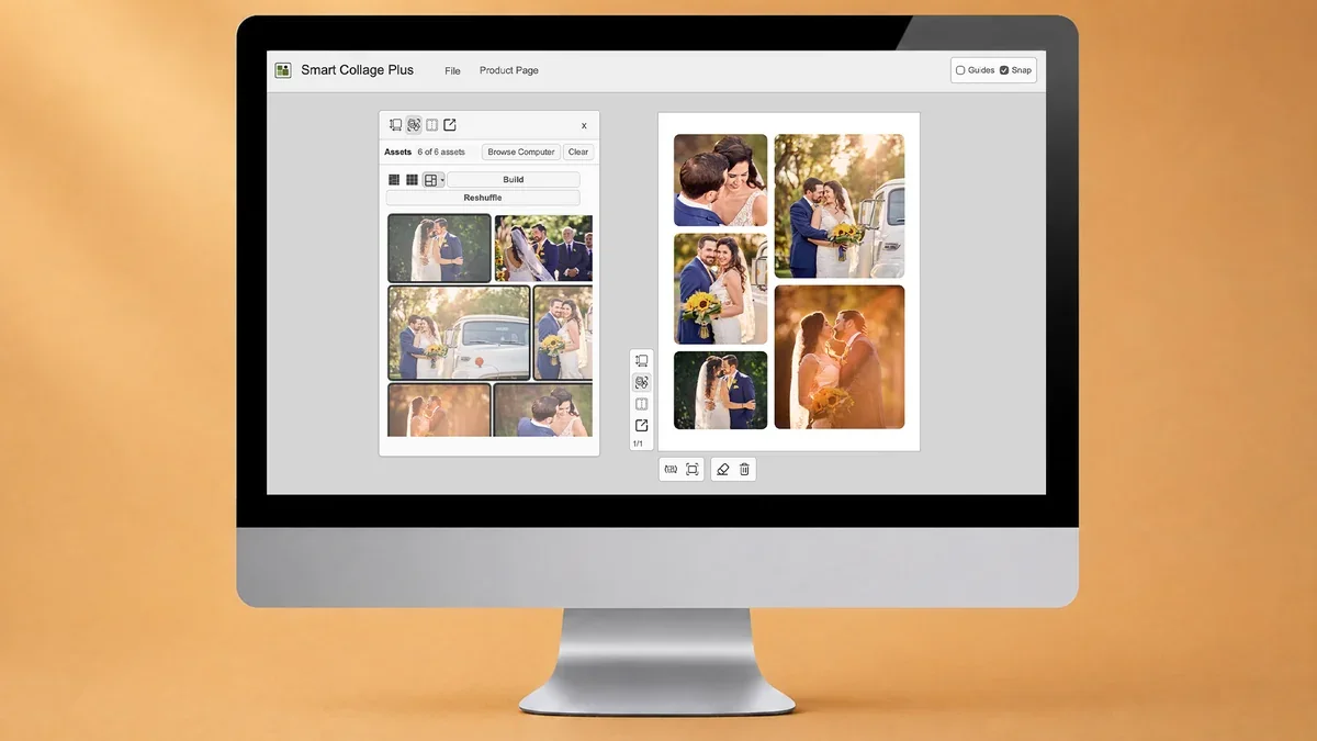 Desktop monitor showing Smart Collage Plus editing a six-photo wedding collage