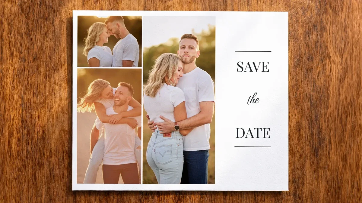 Printed save-the-date card with three engagement photos of a couple, on a wood table