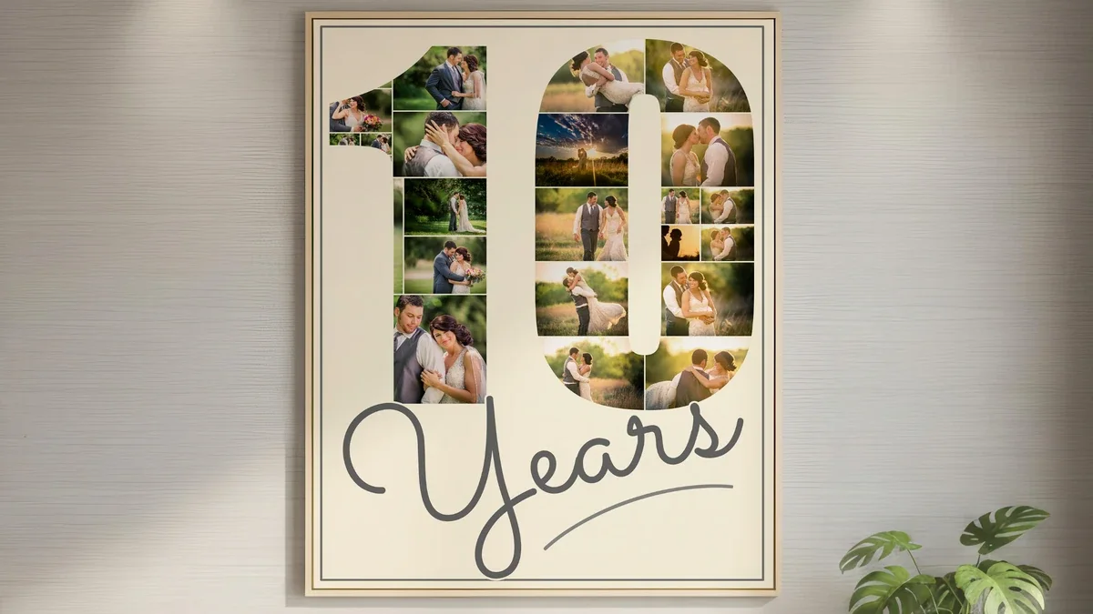 Framed 10 Years anniversary poster, with wedding photos filling the shape of the number 10