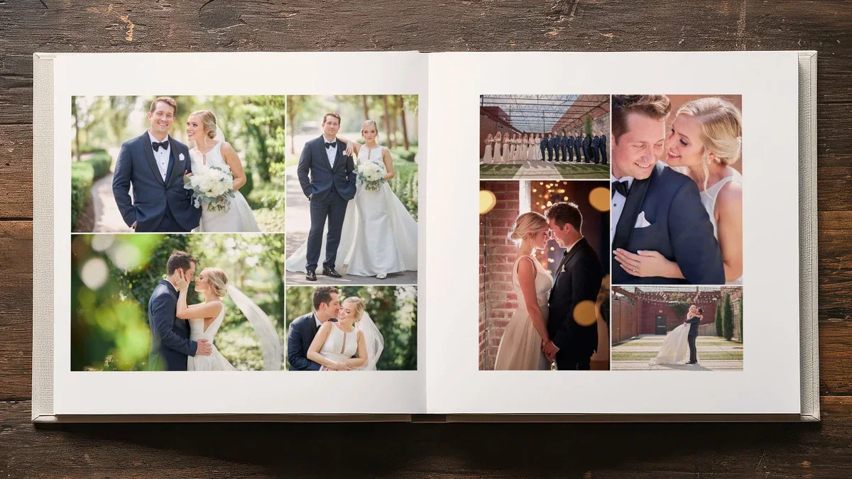 Wedding album made with Smart Album Builder, open on a table to two spreads of a bride and groom