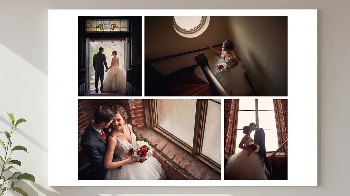 Large wedding photo collage displayed as wall art.