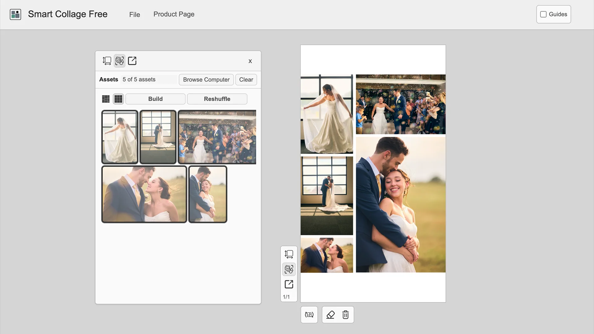 Smart Collage Free with five selected wedding photos and a completed collage.