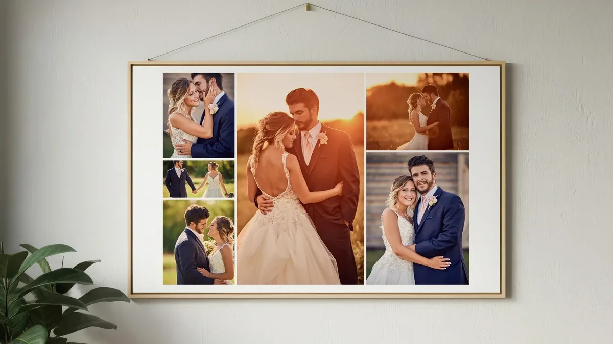 Large framed wedding photo collage hanging on a wall.