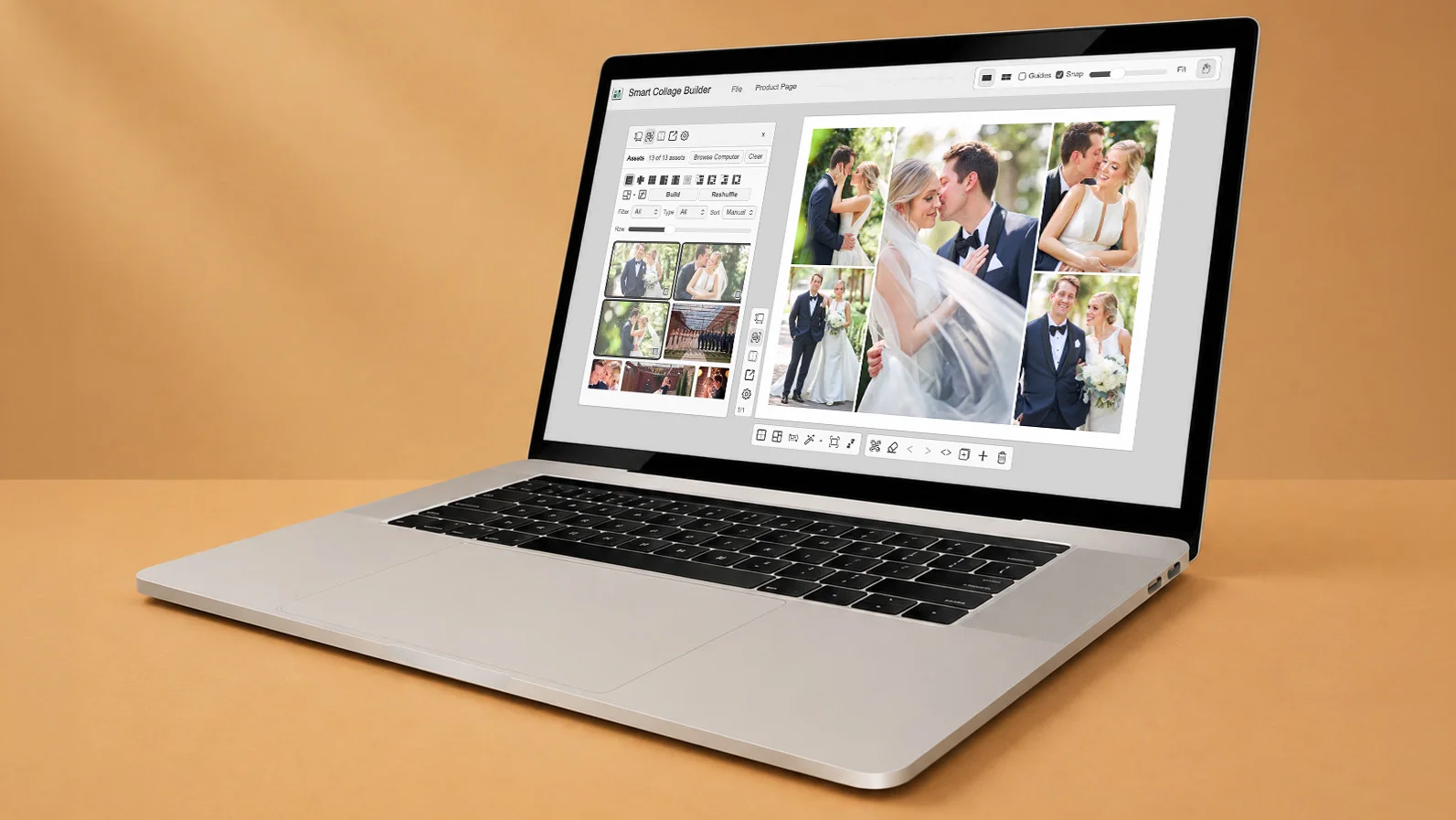 Laptop displaying Smart Collage Builder with a detailed wedding photo collage.