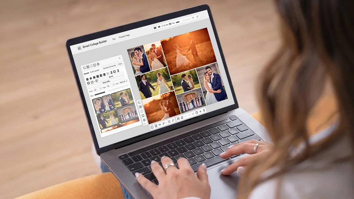 Woman using Smart Collage Builder on a laptop to lay out a collage of wedding photos
